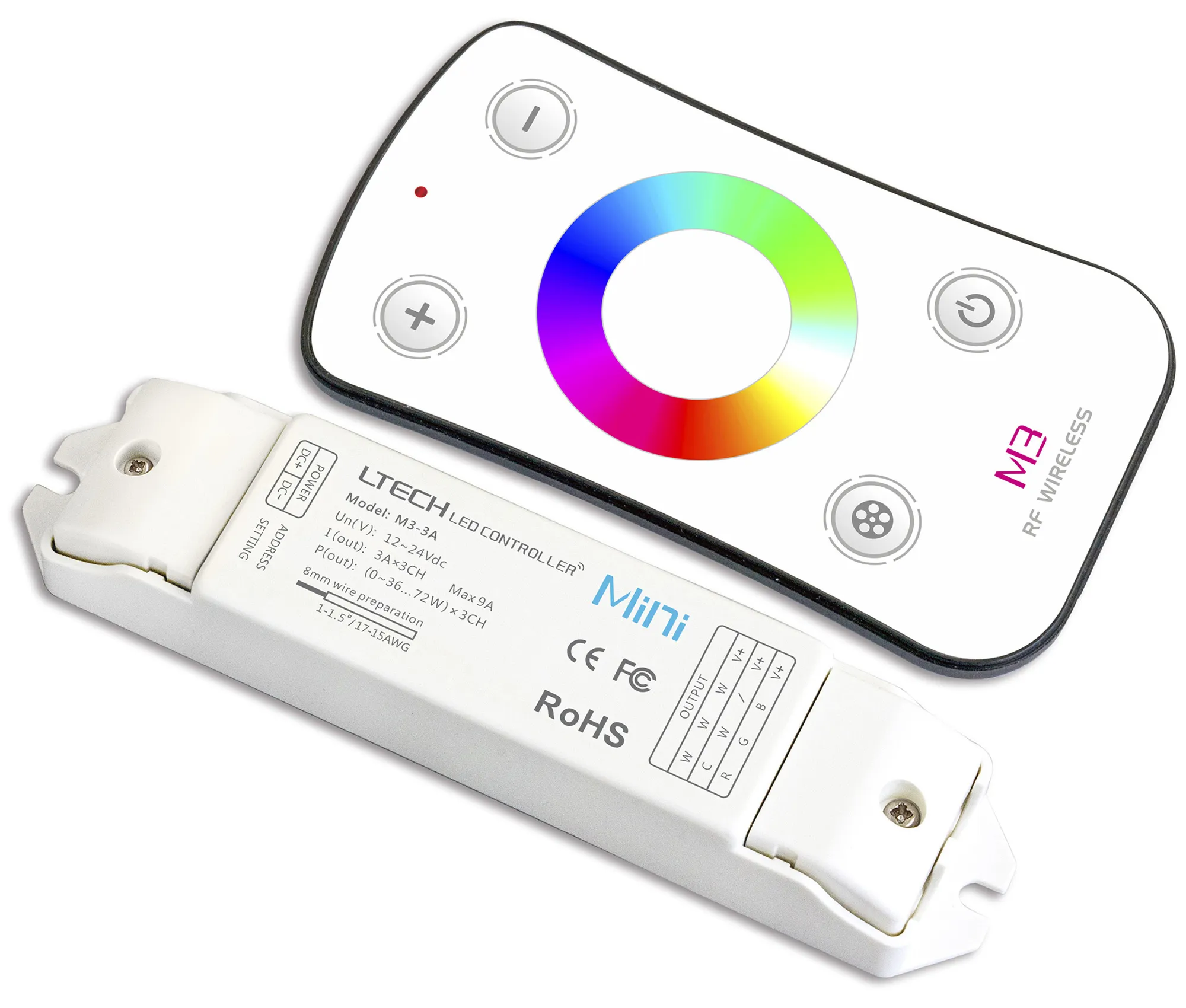 M3+M3-3A  RGB Remote Control+Receiver CV RGB Controller, 108W/240W 3A x 3CH 12-24V dc IP20.